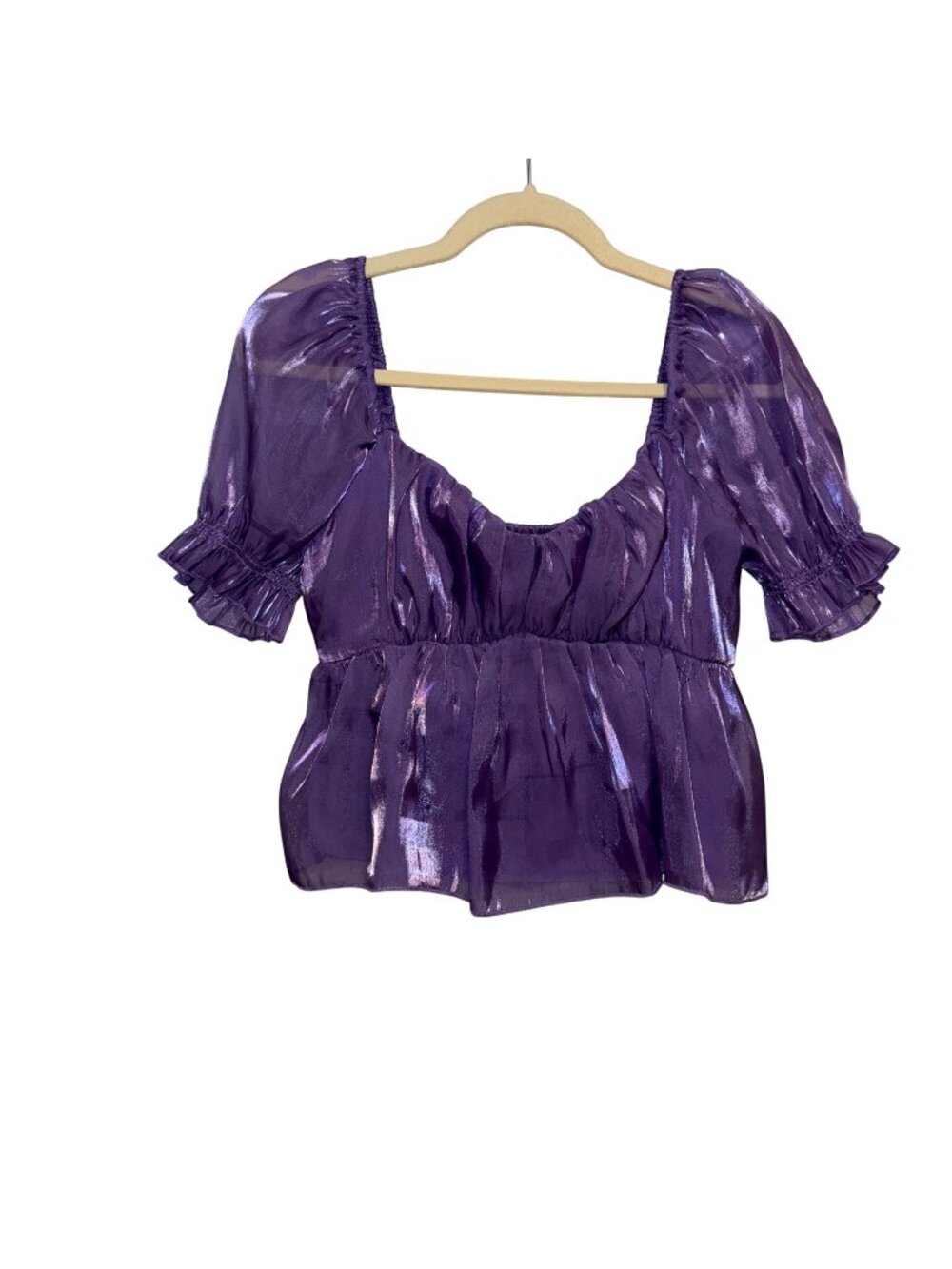 Shiny Purple Peasant Blouse Short Puff Sleeves Ruched Waist Ruffle Trim Large